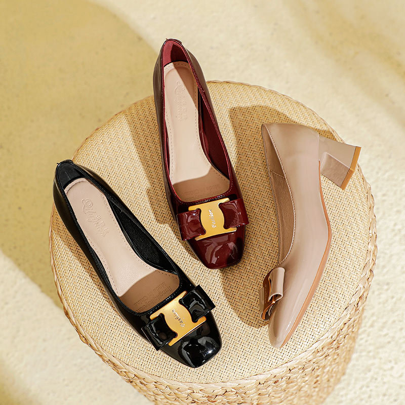 Square Toe Thick Heel High Heels 2025 New Burgundy Patent Leather Mid-Heeled Shoes Spring & Fall Shallow Mouth Versatile Gentle Shoes