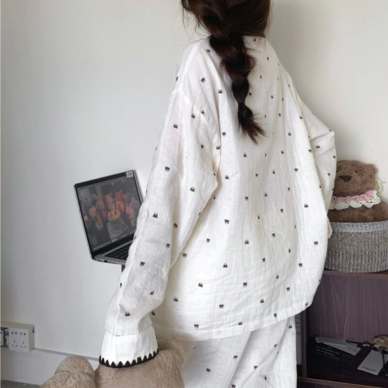 Bear Pajamas for Women, Spring & Fall, Japanese Style Style, Cute, Simple Style, Long-Sleeved Pants for Small People, Can Be Worn Outside in Winter, Home Clothes