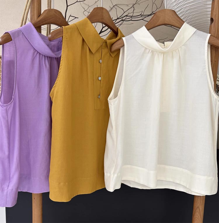 Áo hai dây vải lanh nữ buộc cổ, mặc hai mặt trước sau, không tay, phong cách cổ điển tôn dáng — Màu be, Màu đen, Màu xanh lá, Màu vàng