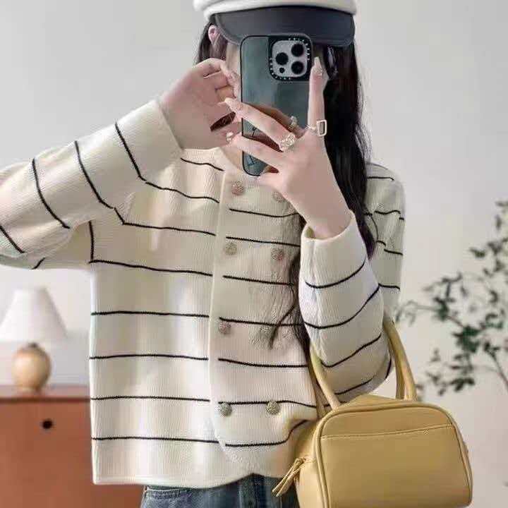 2026 French-Style Striped Double-Breasted Knitted Cardigan with Exquisite Metal Buttons, Elegant Socialite Style Short Coat