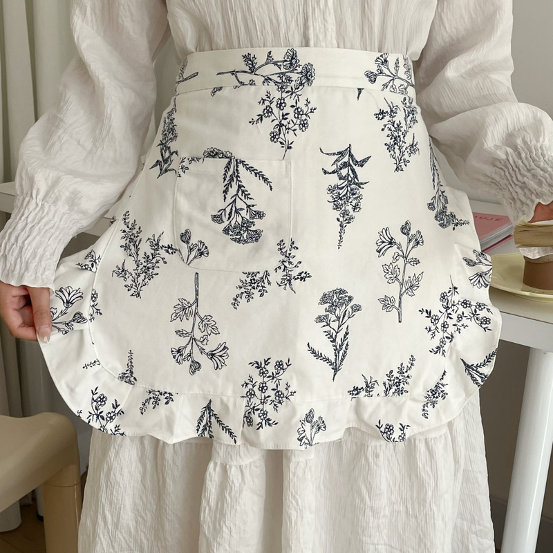 Foreign trade South Korea export half-length deciduous plaid apron Korean-style hemp export cafe nail salon