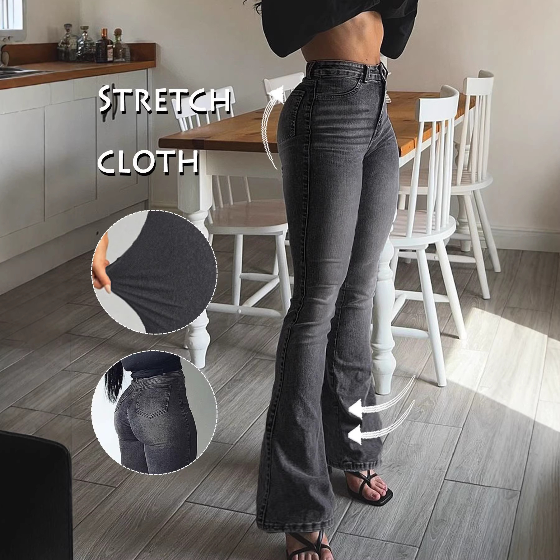 Women's Stretch Flared Jeans - Slimming Gray Denim Pants With Vintage Wash & Bootcut Silhouette, High-Street Fashion Trousers_voghion.com