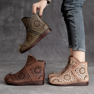 Shanghai Jiejie Retro Casual Hand-stitched Sandals Color Laser Hollow-hole High-top Cowhide Sandals