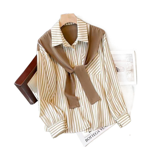 Fake two-piece vertical striped shirt for women spring new style women loose lapel chic long-sleeved shirt fashion