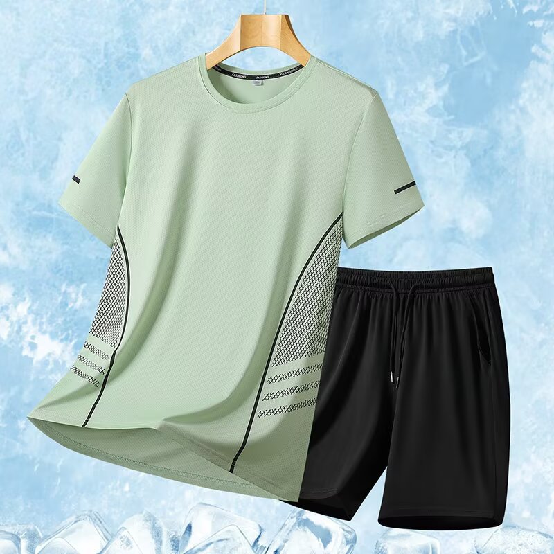 Trajes deportivos para hombres hielo veloz ropa seca camiseta de fitness correr mangas cortas pantalones cortos trajes de entrenamiento fábrica transfronteriza al por mayor
