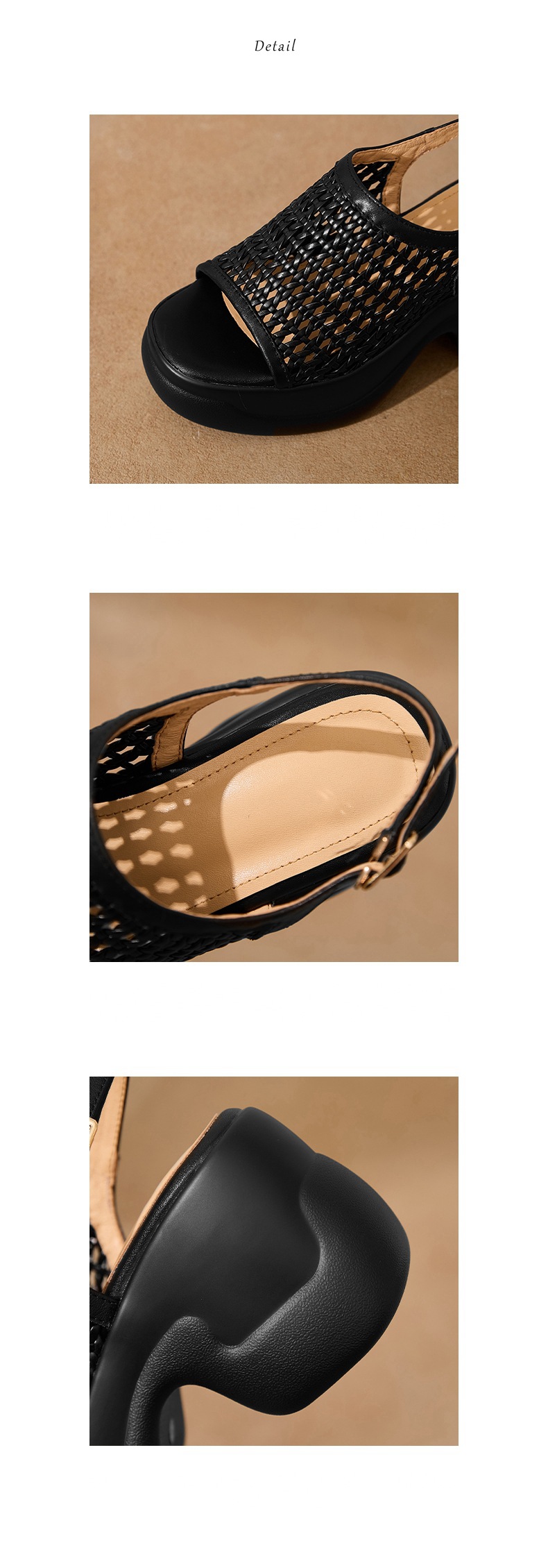 Sandal cao gót nữ mũi hở đế dày 8 cm kiểu dệt La Mã quai ngang — đen chi tiết 12