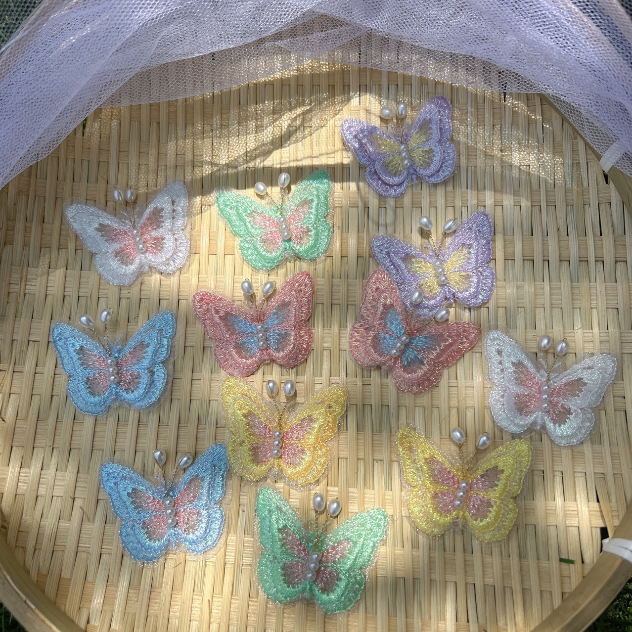 小清新超仙双层刺绣网纱珍珠蝴蝶配件 diy儿童发饰服饰鞋袜包辅料