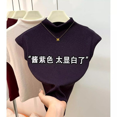 高级感酱紫色半高领小飞袖t恤女早秋款气质显瘦内搭螺纹短袖上衣