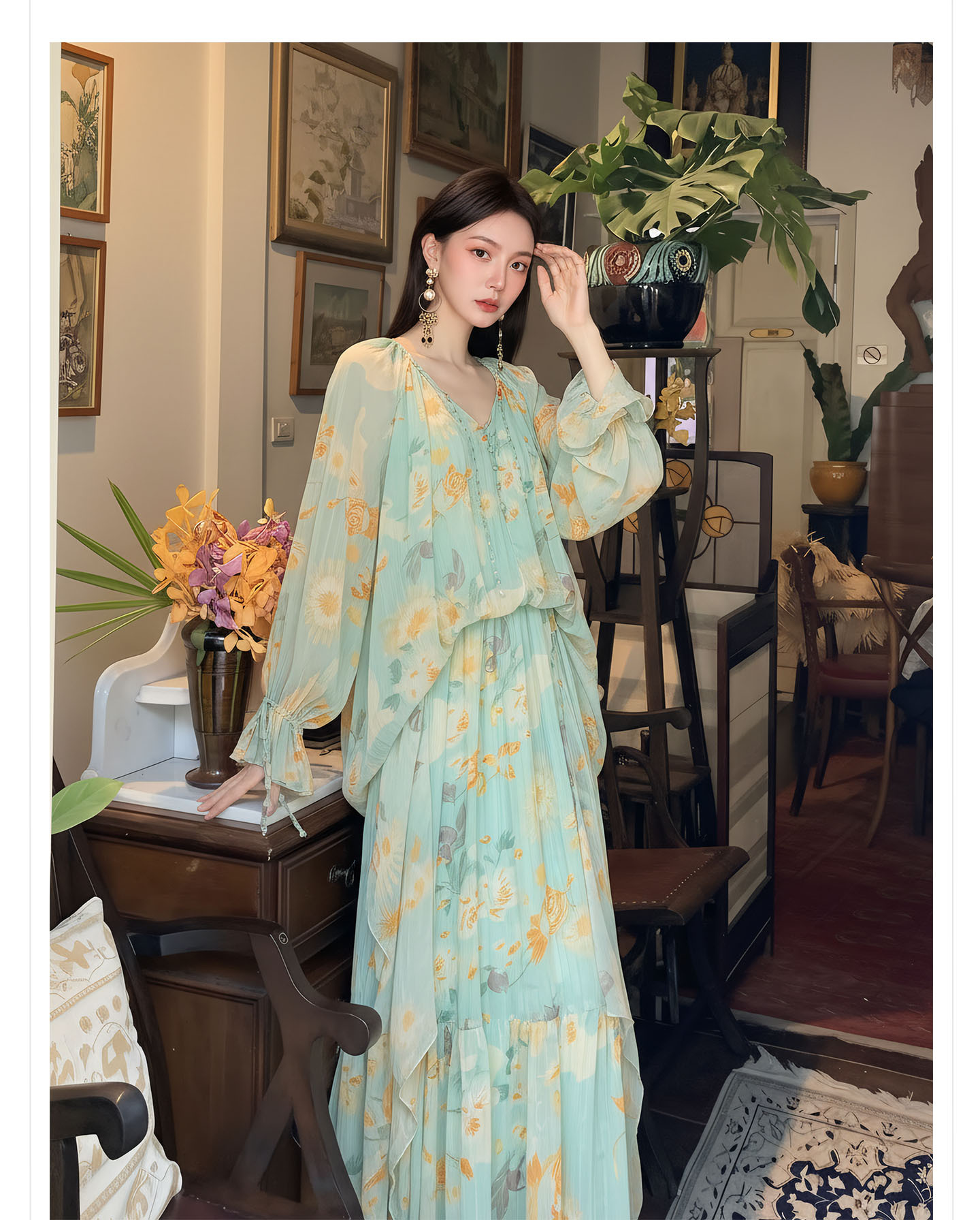 Đầm maxi nữ thắt eo phong cách Tân Trung Hoa in họa tiết thiết kế giả hai lớp — Thiên Thanh chi tiết 6