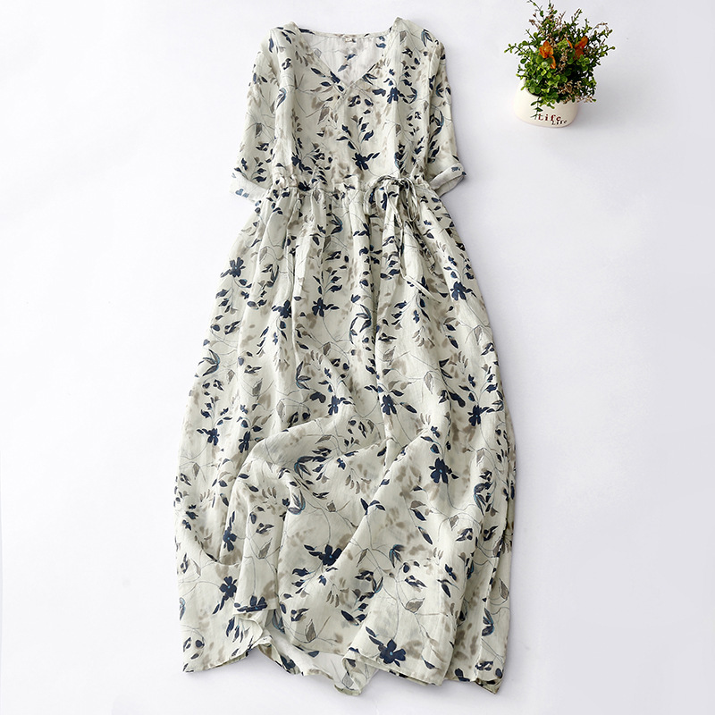 Japanese and Korean in stock Real shot Ramie dress 2023 Women's new western style age-reducing cotton and linen floral skirt for women Summer Japanese and Korean in stock Real shot Ramie dress 2023 Women's new western style age-reducing cotton and linen floral skirt for women Summer