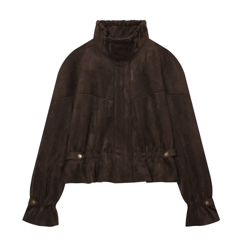 Cross-border European and American retro dark brown short jacket for women with ruffled trim, stand-up collar, drawstring, and a suede-like texture Cross-border European and American retro dark brown short jacket for women with ruffled trim, stand-up collar, drawstring, and a suede-like texture
