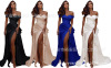 Cross border Foreign goods Red carpet one word Satin Tailing full dress Multiple colour Versatile fashion new pattern sexy Split ends