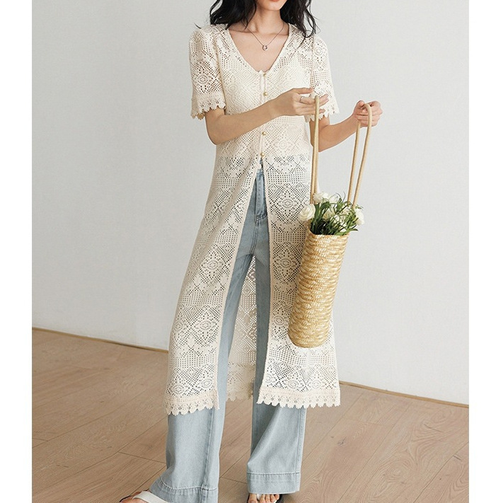 Korean Style Simple Solid Color Lace Hollow Crochet Long Top 2025 Summer New Short Sleeve V-neck Cardigan Women's Clothing