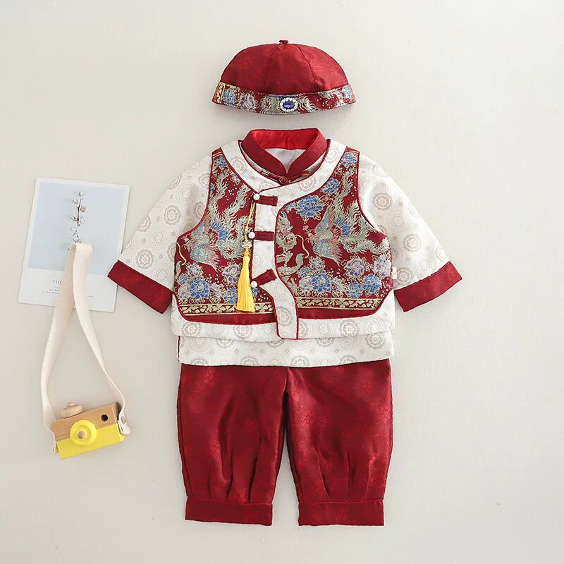 Мальчик годовалое платье китайский стиль Тан красный единорог сто дней мальчик захватывает еженедельную одежду высокого класса коронная одежда весной