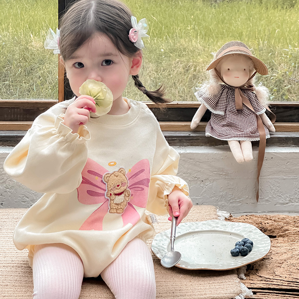Ropa de bebé, ropa de primavera y otoño, una pieza, luna llena, cien días, traje de escalada con lazo dulce, abrigo de manga larga para bebé femenino