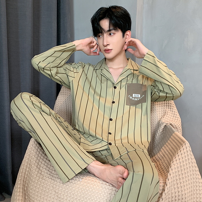 Pijama de primavera y otoño para hombres, camiseta de mangas largas, pantalones largos de tamaño grande que se pueden usar con ropa casera juvenil.