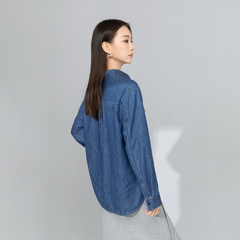 Áo sơ mi denim nữ dài tay phong cách Hàn Quốc, mặc lót hoặc mặc ngoài, tôn dáng gầy — Màu xanh lam