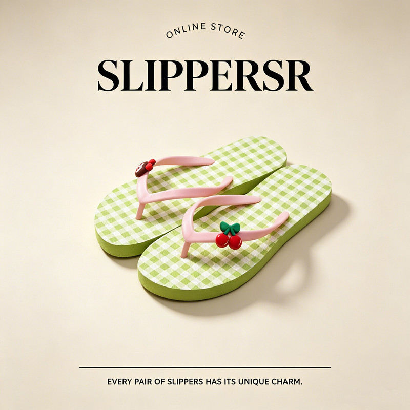 Cute summer beach vacation flip-flops for women, trendy and versatile with contrasting color plaid and cherry designs Cute summer beach vacation flip-flops for women, trendy and versatile with contrasting color plaid and cherry designs