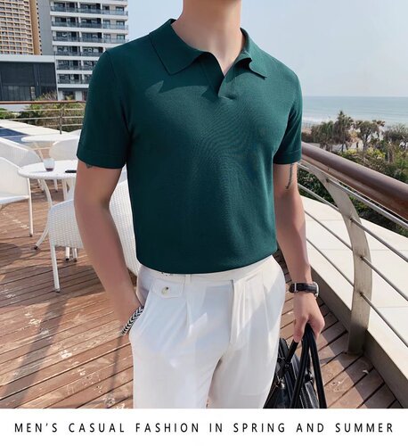 Summer Korean Men's Light Luxury V-Neck Knit Short-Sleeve Polo Shirt Trendy Model Solid Color Fashion Ice Silk Collar Half-Sleeve T-Shirt