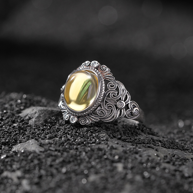 Nhẫn bạc S925 đính đá Citrine tự nhiên hình bầu dục rỗng họa tiết xoắn phong cách châu Âu — một mảnh