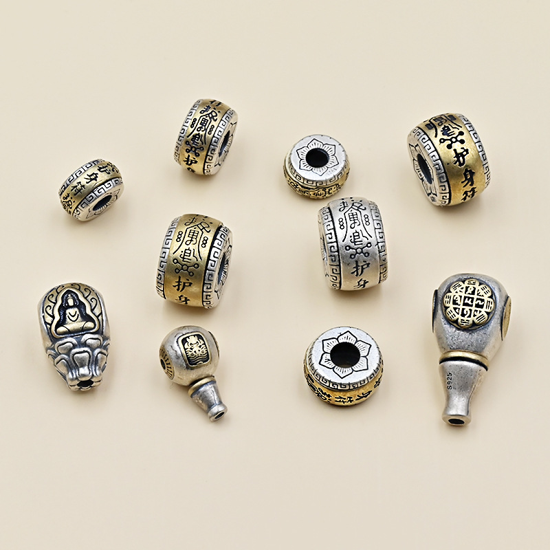 925純銀佛珠古玩配飾護身符隔珠桶珠扎基拉姆無相佛三通手串配件