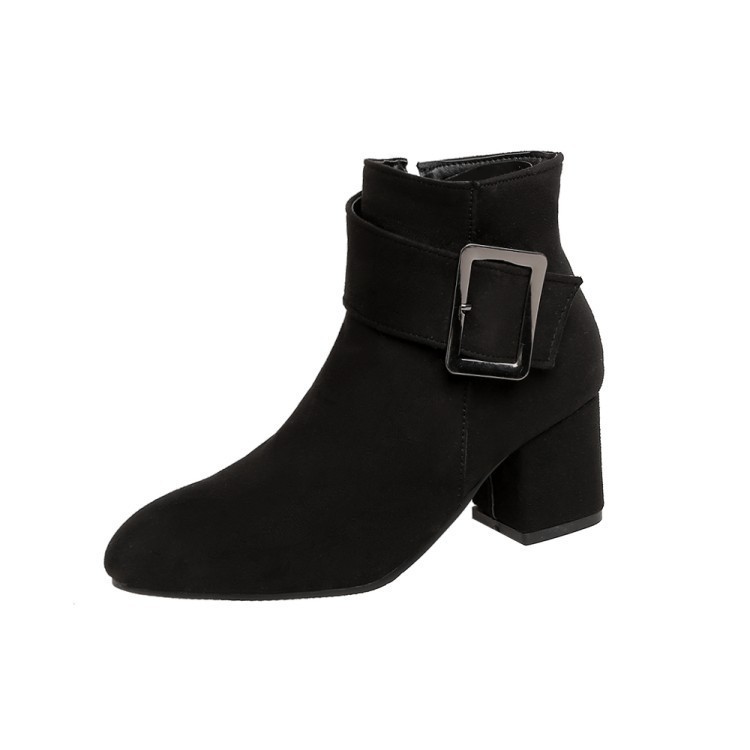 2025 Europa y Estados Unidos transfronterizos redondos zapatos de mujer de talón grueso botas de hebilla metálica de talón alto botas cortas de mujer tamaño 0885 - 1 botas de talón grueso botas