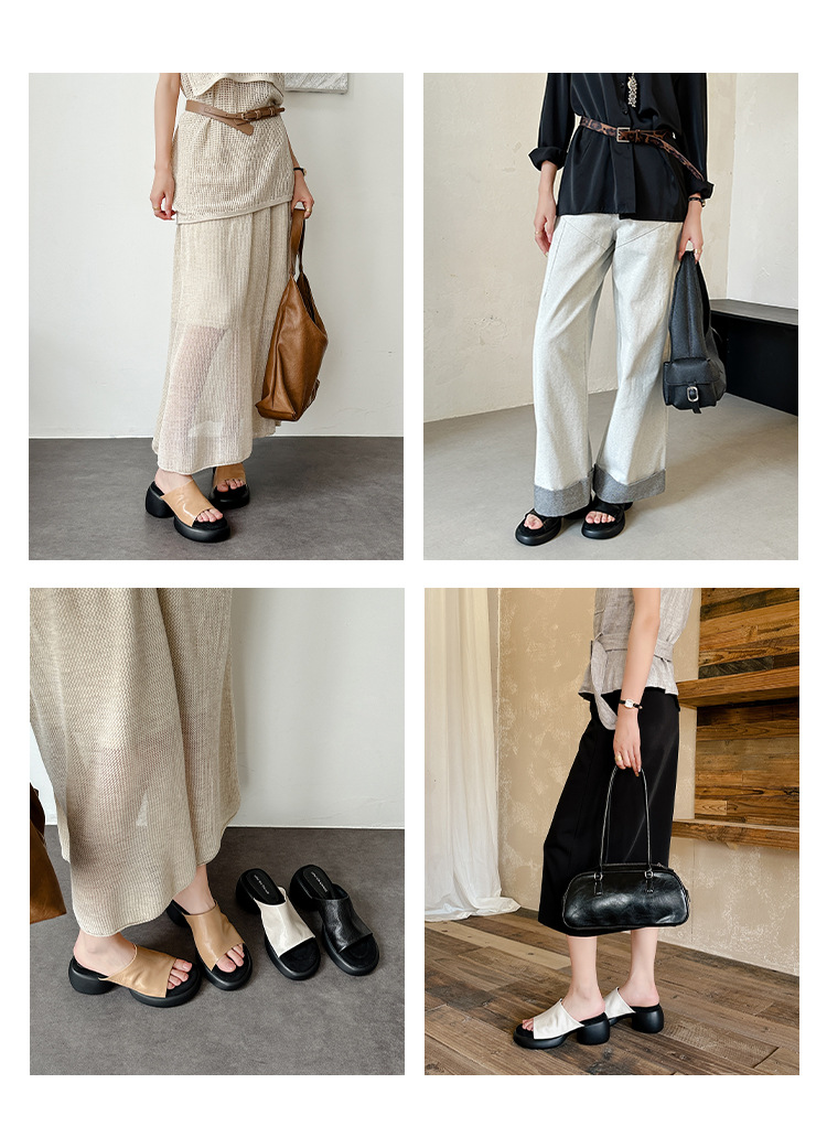 Dép lê nữ da cừu đế dày 7 cm, sandal hở mũi tăng chiều cao — đen chi tiết 6