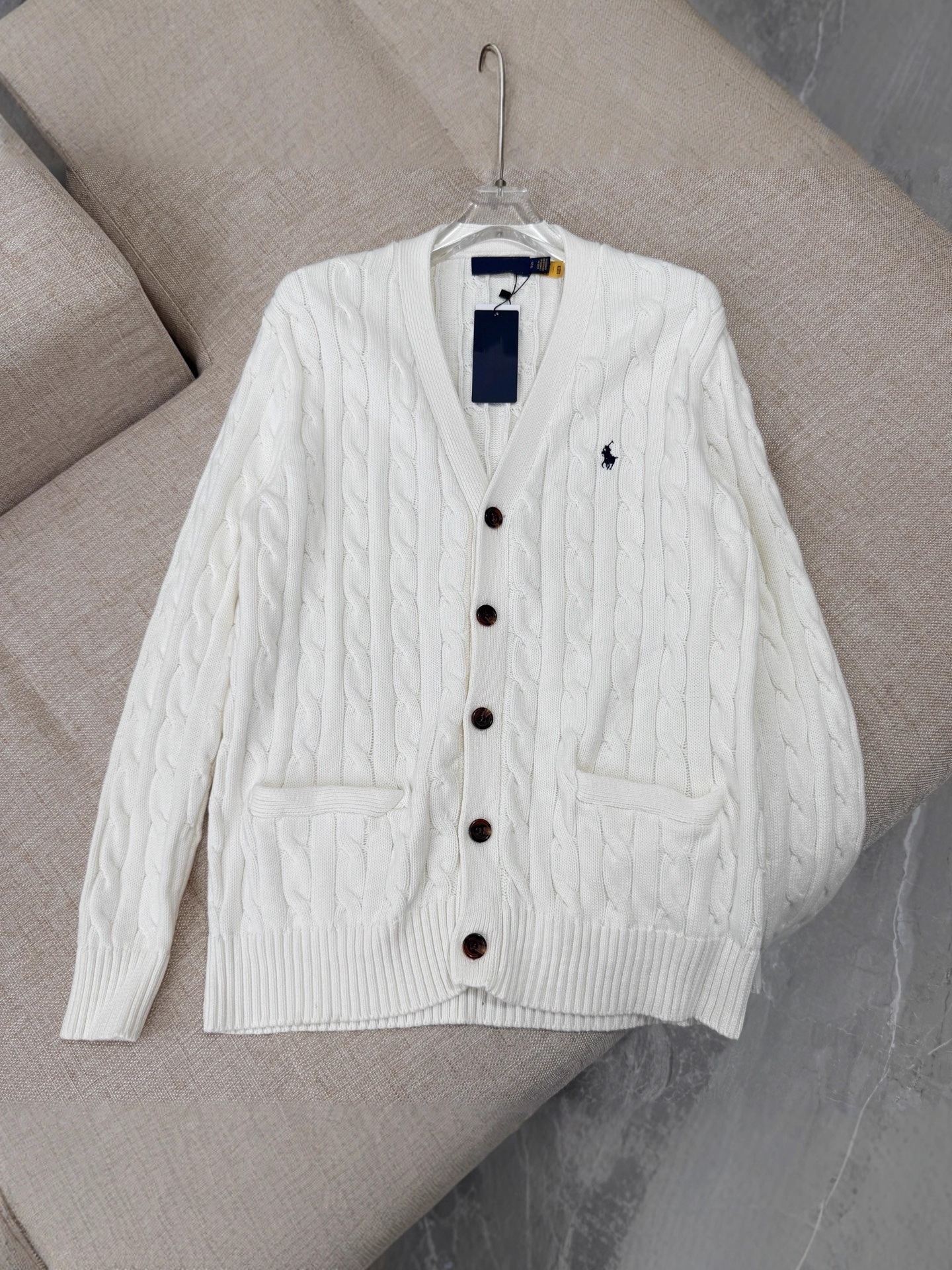 高品質/QRコードスキャン可能 RL ラフ ツイストVネックポケット付きニットカーディガン セーター クラシックベーシック カップルスタイル