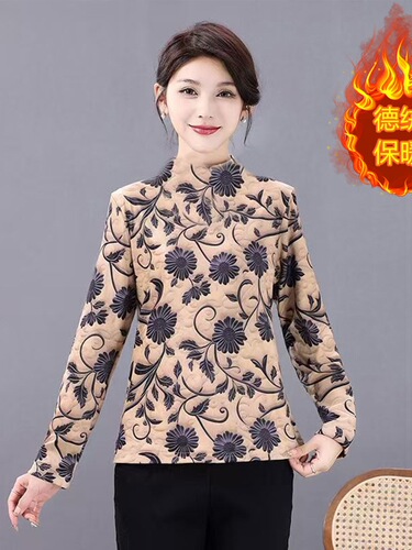 220 kert velvet double-sided velvet digital print fashionable T-shirt semi-high collar floral all-match long-sleeved top slim bottomed shirt