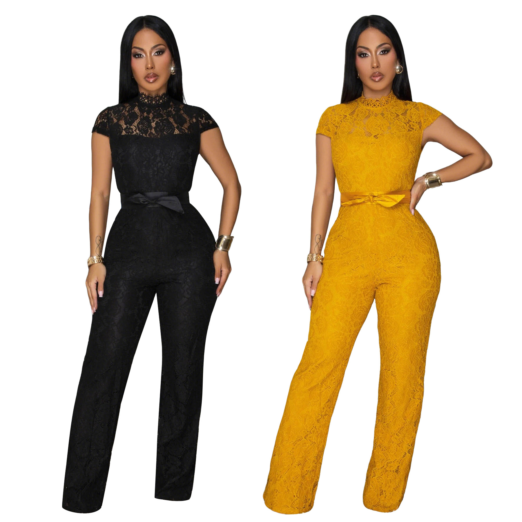 Elegant Lace Jumpsuit With Wide-Leg Design European Style Round-neck Short-sleeved Lace One-piece Pants For Women_ecoleips.com