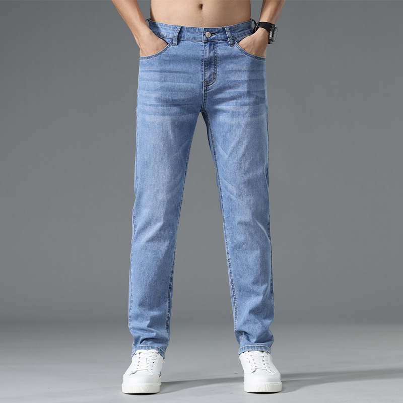 Summer Thin High-end Blue Jeans Men's Straight Slim-fit Stretch Youth Korean-style Casual Trendy Long Pants for Men Summer Thin High-end Blue Jeans Men's Straight Slim-fit Stretch Youth Korean-style Casual Trendy Long Pants for Men