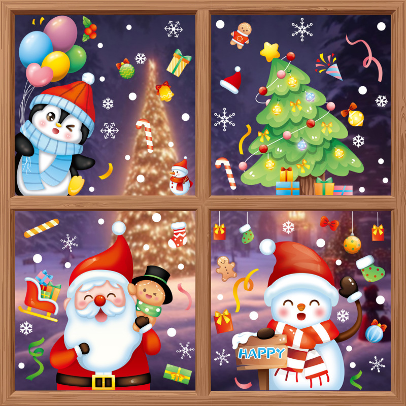 クリスマス装飾雪花ステッカークリスマスツリー老人雪だるまヘラジカ窓貼りパーティー用品クリスマスステッカー静電気|undefined