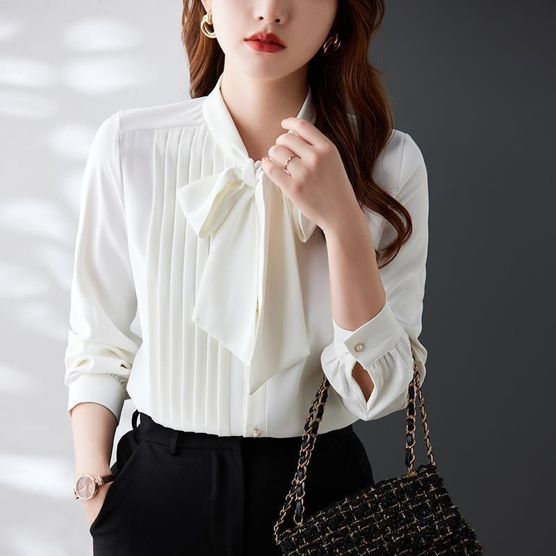 light brown lace-up chiffon long-sleeved shirt women's bow collar irregular design 2024 new style fashion