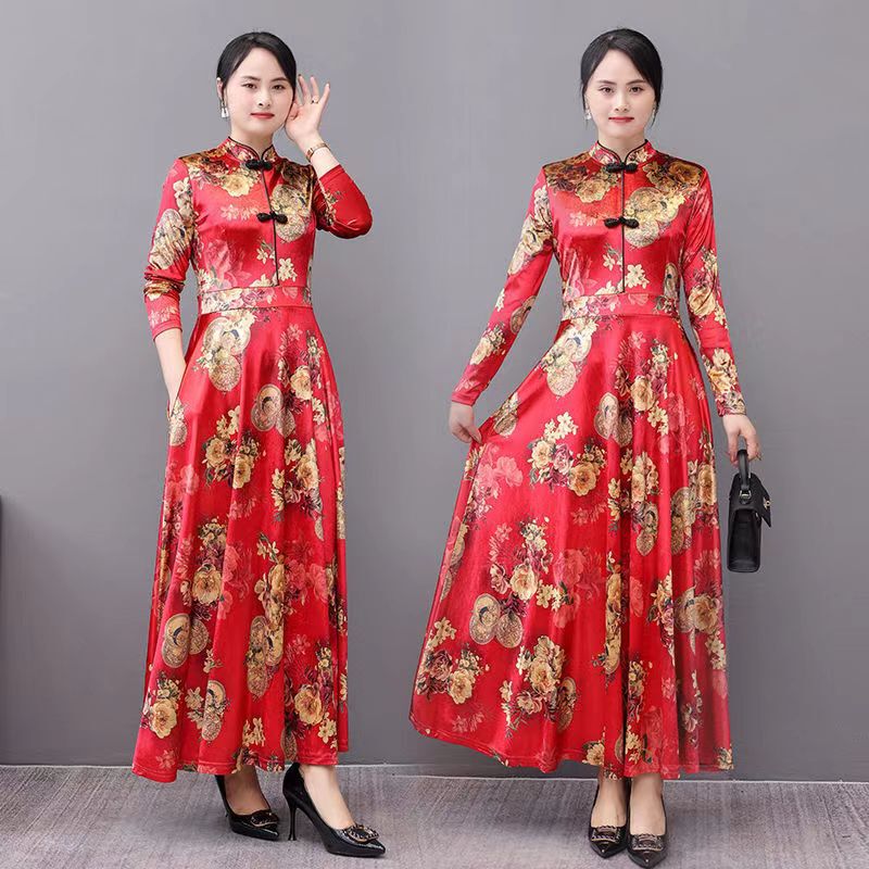 Chinese-Style Leisure Floral Cheongsam Xin De Qi Autumn and Winter New Long-Sleeve Flared Velvet Retro Button Robe Dress