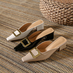 夏季新款拖鞋法式半拖鞋外穿女鞋子金屬包頭涼拖鞋高跟拖鞋方頭