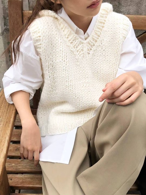 现韩国东大门overt*ke羊毛连帽针织马甲韩系女装手工编织重工背心|undefined