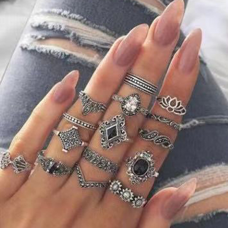 欧美跨境时尚复古镂空莲花黑宝石十五件套组合套装戒指厂家直供