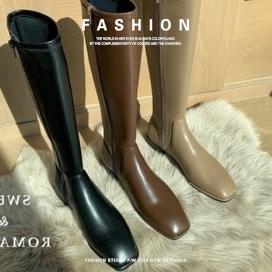 牛皮弹力长筒靴膝粗跟方头女鞋骑士靴女厚底批发高筒秋冬瘦瘦方头