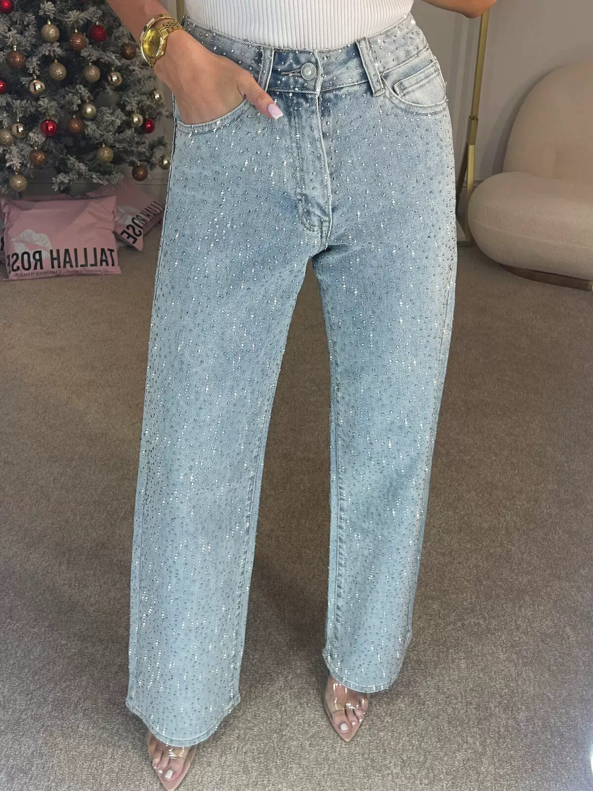 Jeans loose straight fit, American style, diamond-encrusted high-quality design, sizes S–L