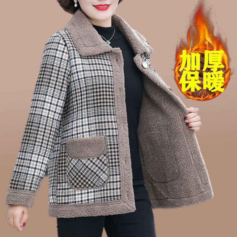 Winter Lamb Velvet Mother's Coat Middle-aged and Elderly Particulate Velvet Plaid Loose Slimming Warm Stylizer Teddy Velvet Top