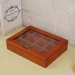 復古透明亞克力帶蓋拉手實木飾品首飾收納盒整理盒12格格子展示盒