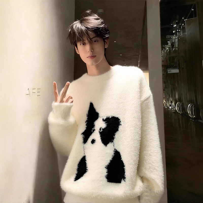 American Cartoon Puppy Pullover Knitwear for Men in Winter Mohair Round Neck Knitwear with Lazy Casual Couple Inner Wear