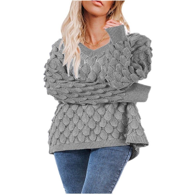 Europeo y americano invierno nuevo suéter de punto de pluma hueco cuello en V manga larga suéter femenino ventas directas de fábrica