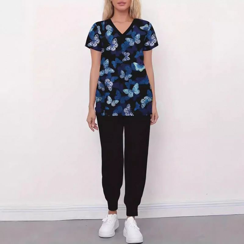 Women's Hot-Selling Tops Summer 3D Printed V-Neck Short-Sleeved Nurse Uniform T-Shirt Jogger Pants Nursing Uniform Set