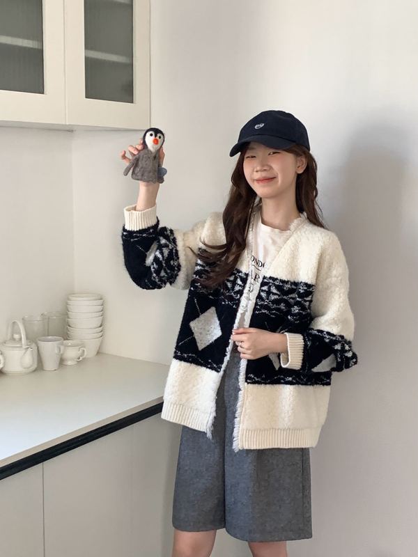 韩东大门韩版菱形毛衣外套女2025新款百搭宽松慵懒风时尚针织开衫|undefined