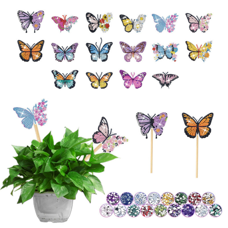 Estacas decorativas para macetas con diseño de flores para decoración de plantas en el hogar y escritorio, fabricante de estacas de jardín hechas a mano con pegatinas de diamantes DIY.