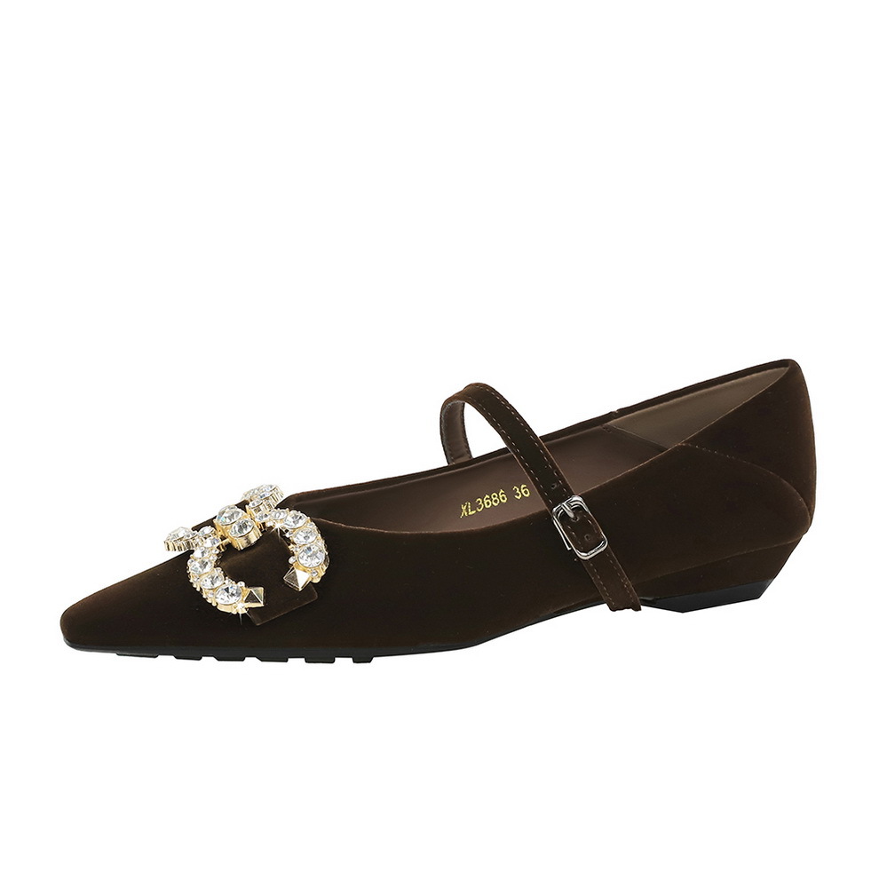 3686-K77 Korean retro style straight buckle with sloping heel women's shoes, high-end rhinestone buckle pointed shallow mouth single shoe for women