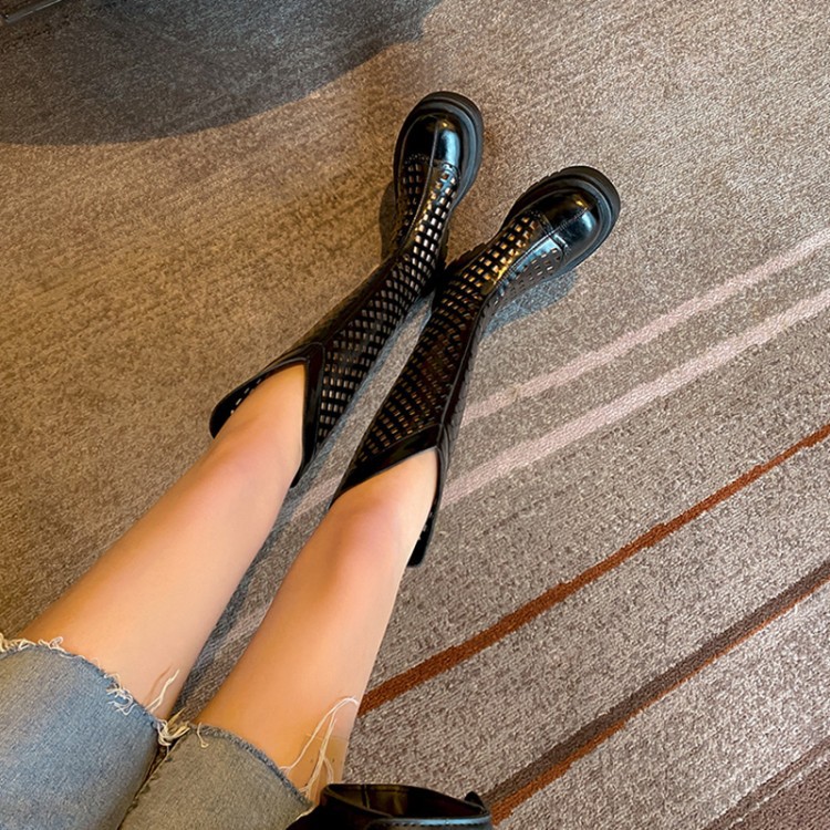 Boot nữ da bò đế dày cổ cao ống lưới — Màu nâu ống lớn, Màu đen cổ ống lớn, Ống nhỏ màu đen, Chu vi ống lớn màu trắng Be chi tiết 30