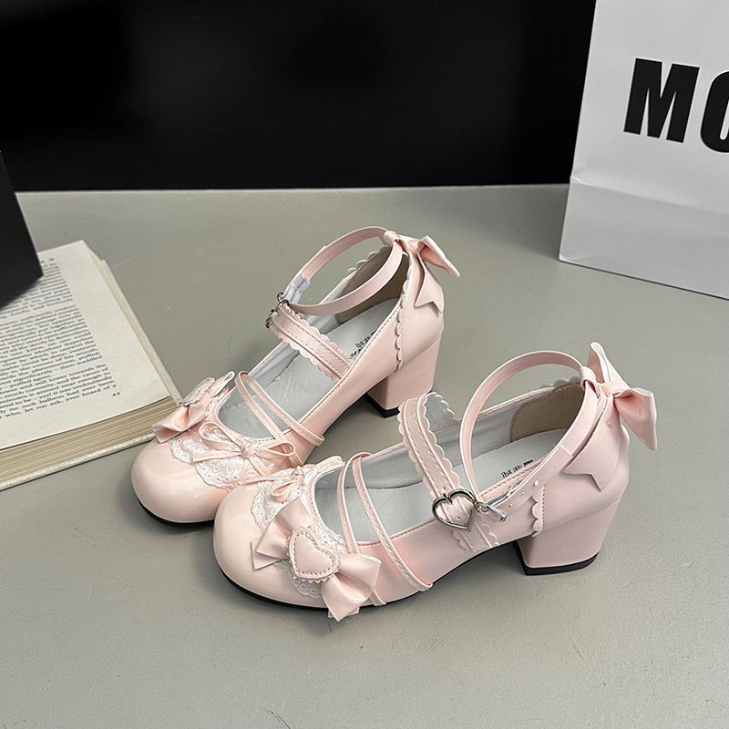 Lace Palace Small Leather Shoes Lolita Shoes 2025 Cute Lolita Japanese Style Sweet Bow Thick Heel Shoes