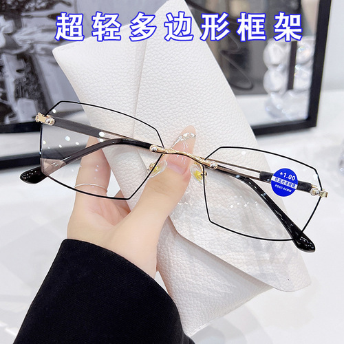 New Fashion Ultra-Light Frameless Reading Glasses High-End Men's Blue Light Blocking Casual Business Polyhedral Lightweight Metal Frame